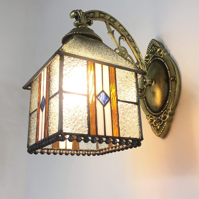 Traditional Tiffany Square House Iron Stained Glass 1-Light Wall Sconce Lamp For Living Room