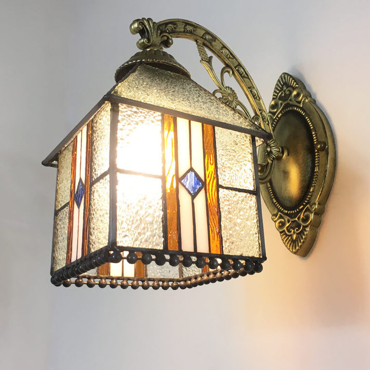 Traditional Tiffany Square House Iron Stained Glass 1-Light Wall Sconce Lamp For Living Room