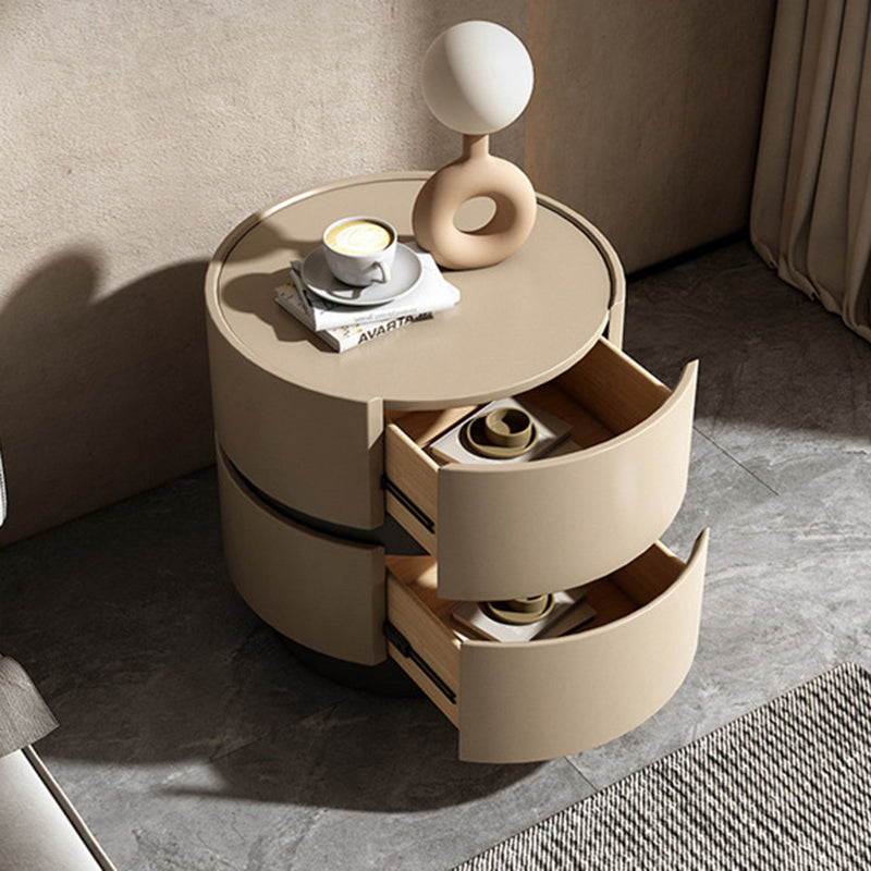 Table de chevet moderne minimaliste en bois massif avec cadre cylindrique à 2 tiroirs pour chambre 