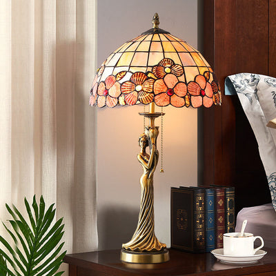Tiffany Copper Goddess Statue Base Shell Decoration 2-Light Table Lamp