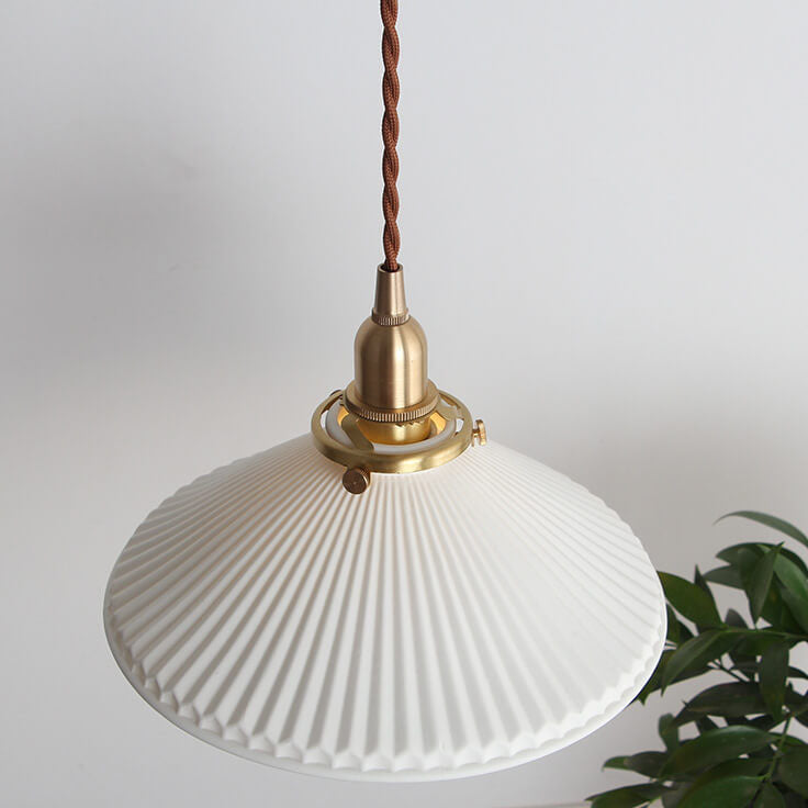 Traditional Japanese Pleated Ceramic Cone Shade Brass 1-Light Pendant Light For Living Room