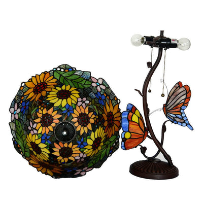 Tiffany Pastoral Double Butterfly Sunflower Stained Glass 2-Light Table Lamp
