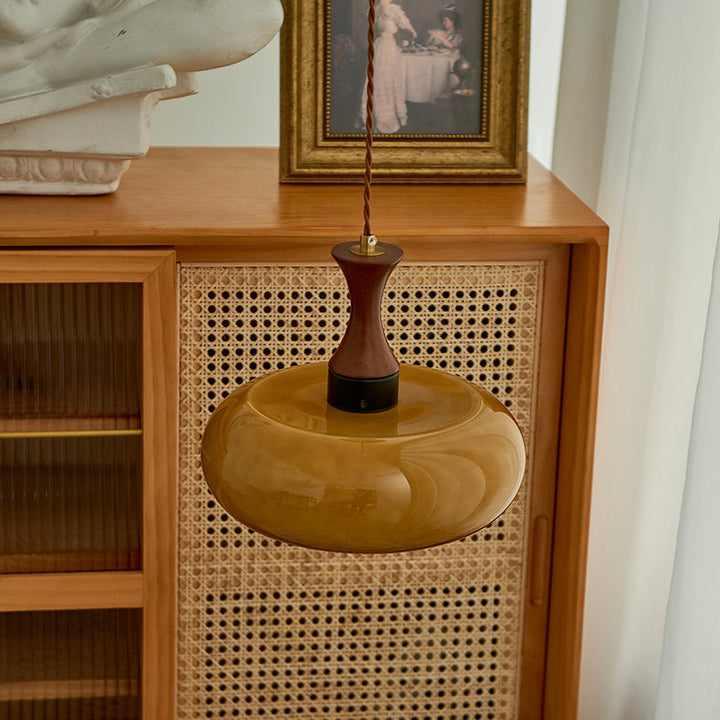 Zeitgenössische Retro Holz Eisen Glas Trommel Runde 1-Licht Pendelleuchte Für Esszimmer 
