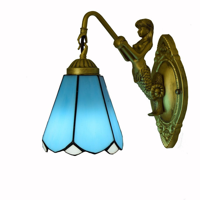 Lámpara de aplique de pared de vidrio teñido con hardware tradicional Tiffany Cone de 1 luz para dormitorio 