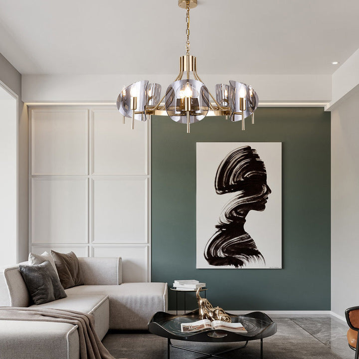 Moderner Luxus-Kronleuchter mit 6/8 Lichtern und goldenem Finish und gebogener Glasplatte für Esszimmer 