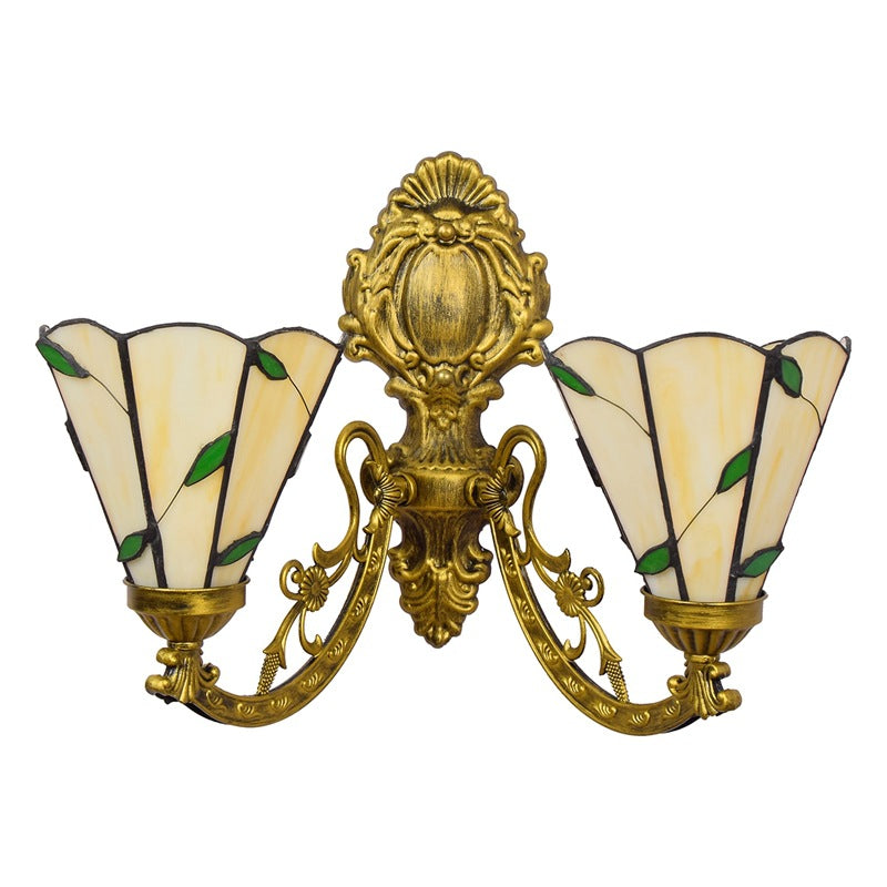 Applique murale à 2 lumières en verre résine fer Tiffany traditionnel conique feuillage pour couloir 