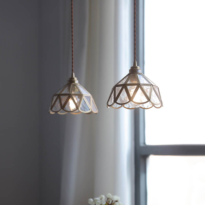 Traditional Japanese Cone Geometric Glass Copper 1-Light Pendant Light