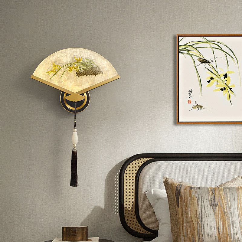 Lámpara de aplique de pared LED de acrílico de magnesio y cobre acanalado chino tradicional para dormitorio 