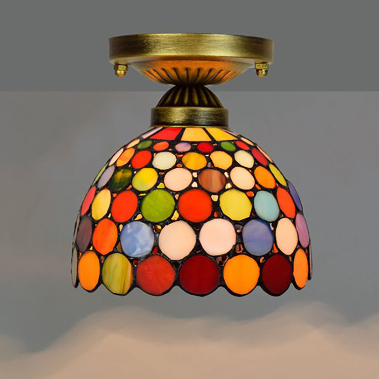 Traditionelle Tiffany-Deckenleuchte, rund, gepunktet, konisch, Eisen, Buntglas, 1-flammig, halbbündige Montage, für Wohnzimmer 