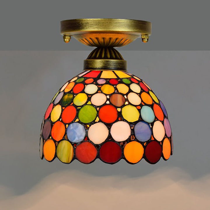 Traditionelle Tiffany-Deckenleuchte, rund, gepunktet, konisch, Eisen, Buntglas, 1-flammig, halbbündige Montage, für Wohnzimmer 