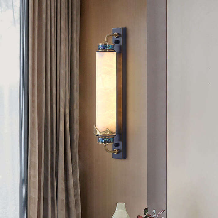 Traditional Chinese Marble Copper Column Brass LED Wall Sconce Lamp for Living Room