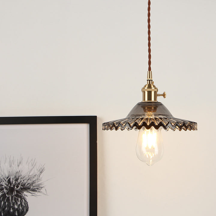 Lámpara colgante de vidrio de latón ondulado redondo vintage tradicional de 1 luz para sala de estar 
