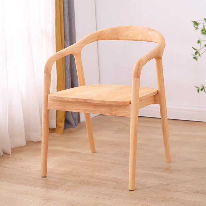 Moderner minimalistischer Esszimmerstuhl mit gebogenem Rahmen aus Kautschukholz, Baumwoll-Leinen-Bezug, Rückenlehne und Armlehnen für das Esszimmer 