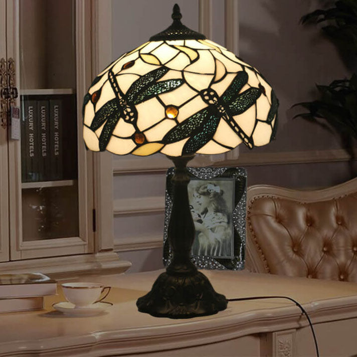 Mediterrane Vintage Tiffany Glasmalerei 1-flammige Tischlampe 