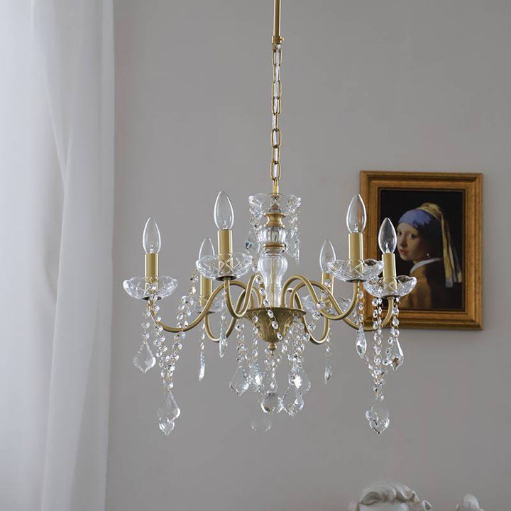 Candelabro de Cristal Redondo Francés Tradicional de Rama Completa de Latón Vidrio 5/6/8 Luces para Sala de Estar 