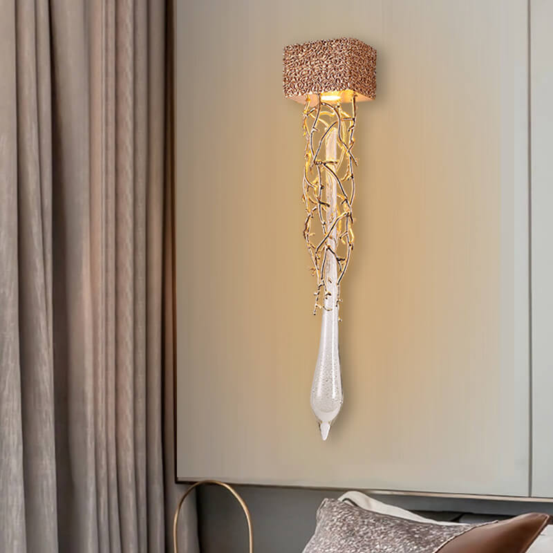 European Light Luxury Brass Tree Branch Crystal Water Drop Design 1-Light Wall Sconce Lamp