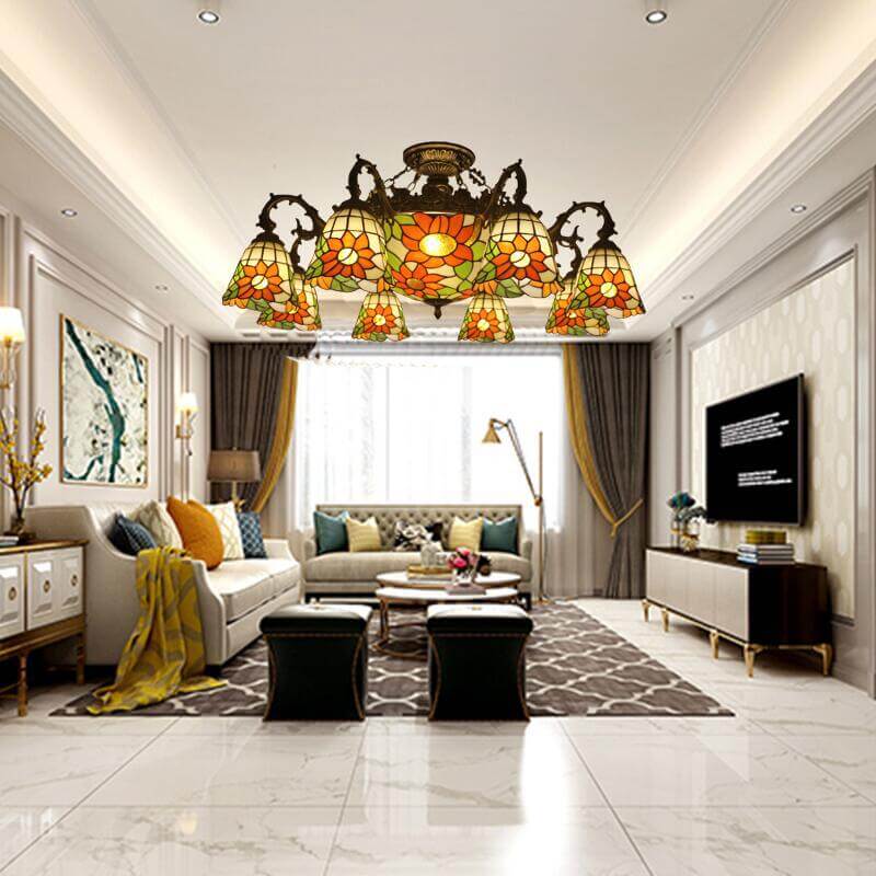 Tiffany Retro Beige Barock Buntglas 11-Licht Semi-Flush Mount Deckenleuchte 