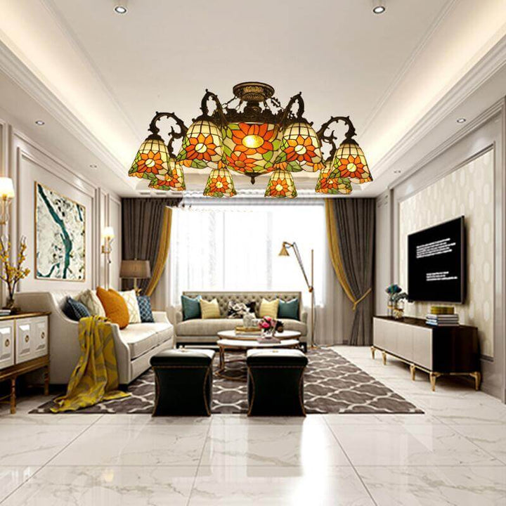 Tiffany Retro Beige Barock Buntglas 11-Licht Semi-Flush Mount Deckenleuchte 