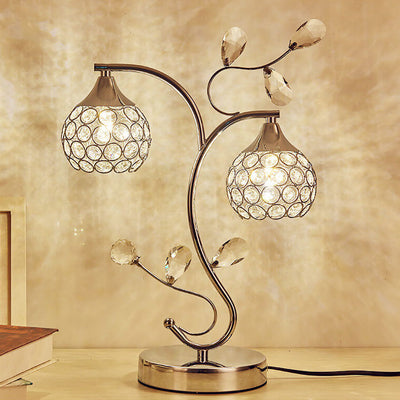 Modern Art Deco Floral Branch Design Crystal Iron 2-Light Table Lamp For Bedroom