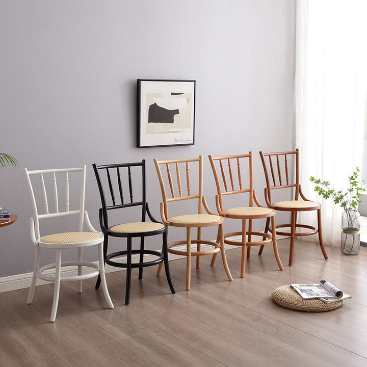 Traditionelle runde Vintage-Esszimmerstuhl-Rückenlehne aus zylindrischem Lindenholz mit Rattan-Optik für das Wohnzimmer 
