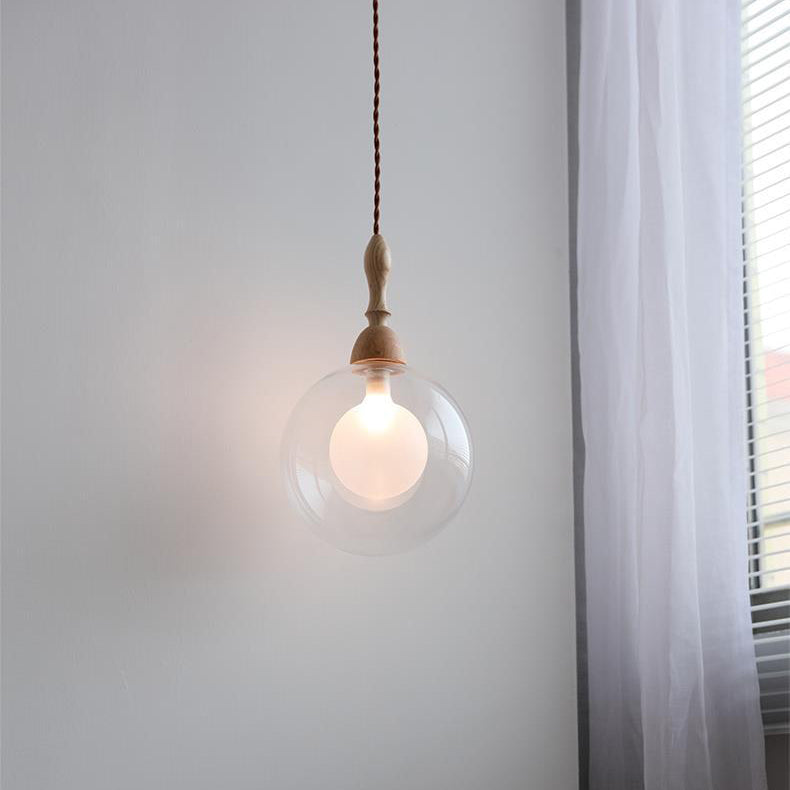 Lámpara colgante de 1 luz de vidrio y madera con forma de orbe japonés tradicional para sala de estar 