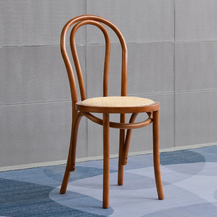 Contemporary Retro Faux Rattan Rubberwood Round Arched Dining Chair Backrest For Dining Room