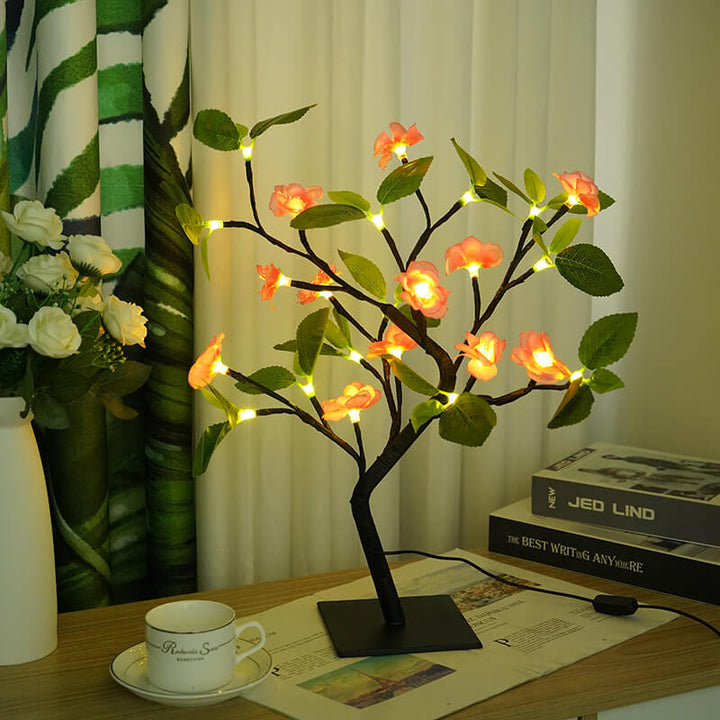 Modern Art Deco Simulation Peach Blossom Tree Green LED Tree Decoration Table Lamp For Bedroom