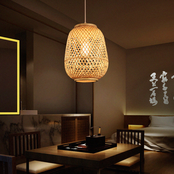Suspension Luminaire 1 Lumière en Forme de Cage Ovale en Bambou Contemporain pour Salle à Manger 