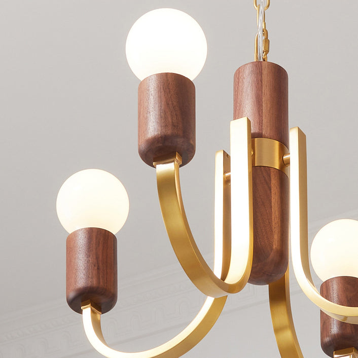 Zeitgenössischer Vintage-Kronleuchter mit gebogener Stange, Zylinder, Kerzenständer-Form, Kupfer, Holz, 3/4/5 Lichter, für Wohnzimmer 