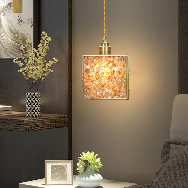 Suspension Luminaire 1-Lumière Moderne de Luxe Carré Cube Cadre en Or Cuivre Abat-jour en Verre Pour Salon 