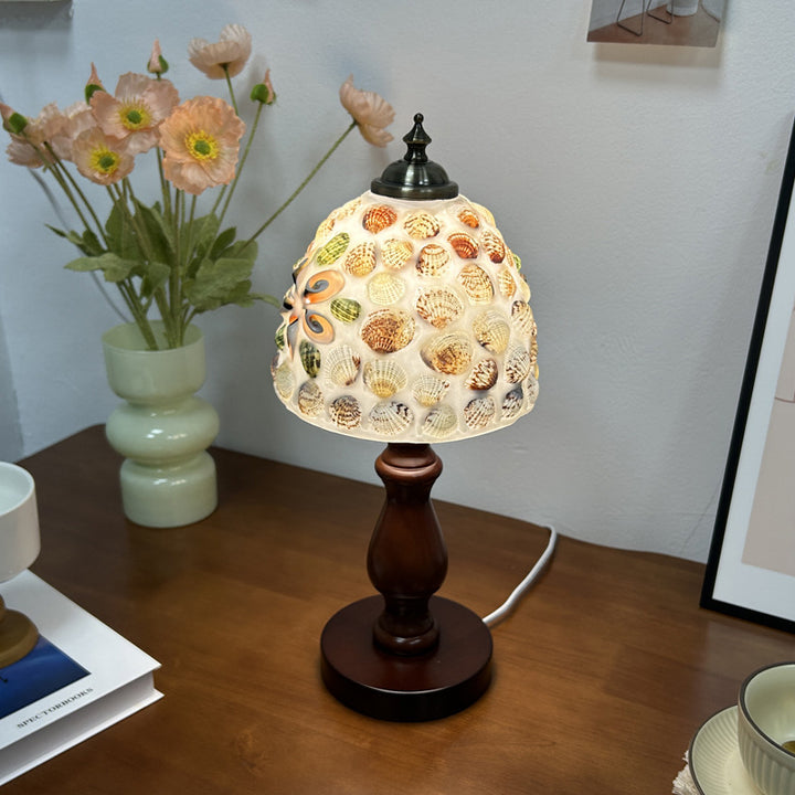 Lámpara de Mesa de 1 Luz con Caparazón de Lozange de Hemisferoide de Vidrio de Madera Vintage Tradicional para Mesita de Noche 