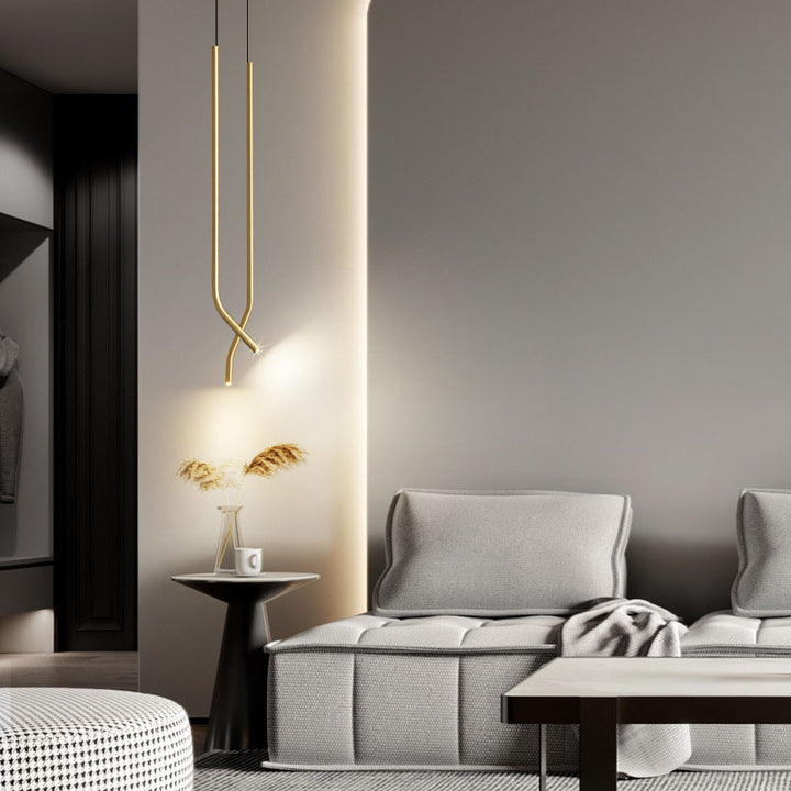 Lámpara colgante LED de tubo fino curvado minimalista moderno de cobre para dormitorio 
