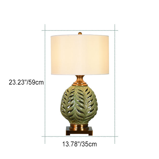 Lampe de table 1 lumière en céramique en forme de vase avec feuilles évidées vintage traditionnelle en tissu cuivre pour chambre 