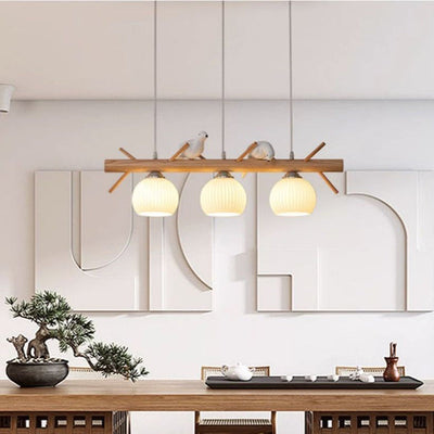 Lámpara de araña de 3 luces con pantalla redonda de vidrio y tiras de madera tradicional japonesa para sala de estar 