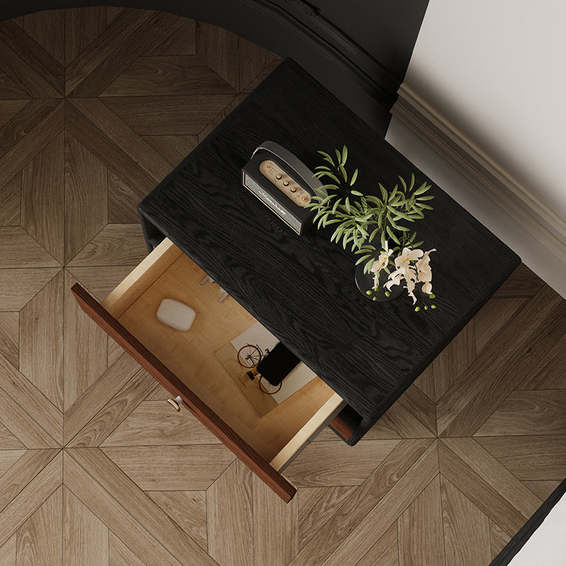 Table de nuit contemporaine rétro rectangulaire en métal à grain de bois 2 tiroirs pour chambre 