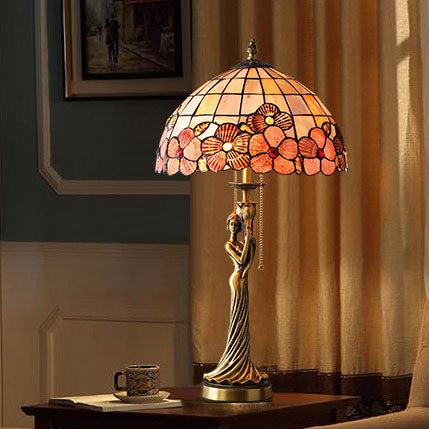Tiffany Kupfer Göttin Statue Basis Muschel Dekoration 2-Licht Tischlampe 