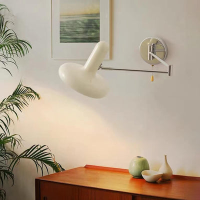 Nordic Cream White Iron Rocker Arm Round Retractable 1-Light Wall Sconce Lamp