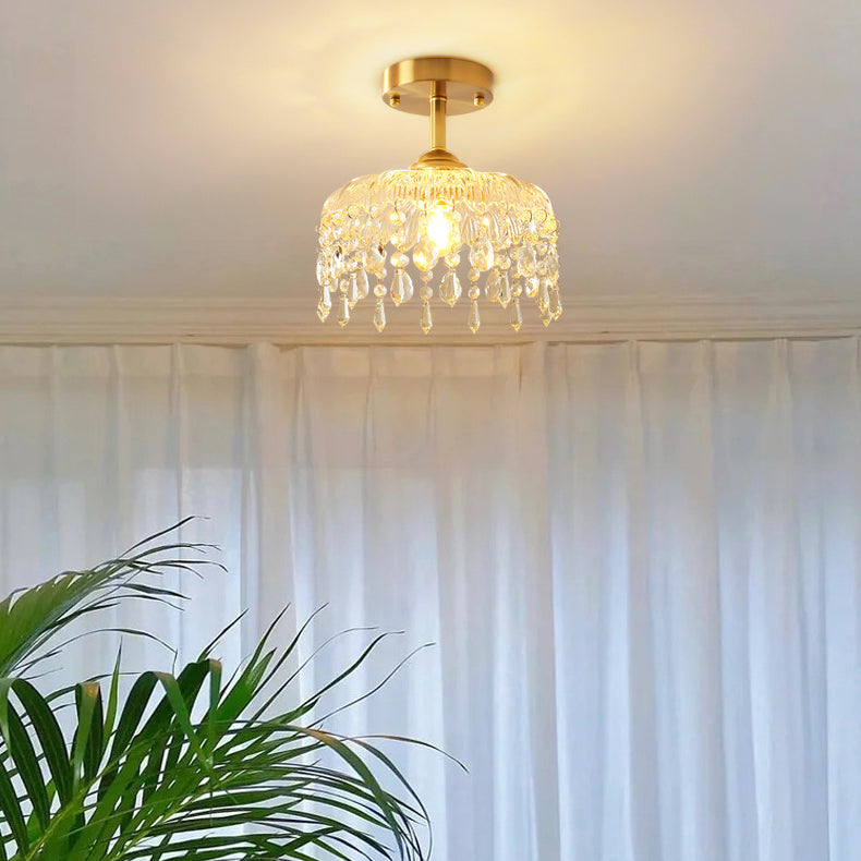 Traditionelle französische runde Deckenleuchte aus Eisen, Kupfer, Glas und Kristall, 1-flammig, halbbündige Montage, für Schlafzimmer 