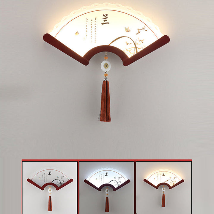 Aplique de pared LED con pantalla de elementos de planta acrílicos festoneados tradicionales chinos y borde de madera para sala de estar 