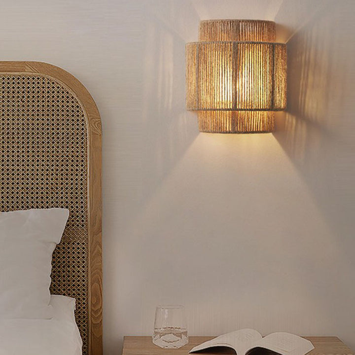 Lámpara de pared de 1 luz curva tejida con cuerda japonesa tradicional para sala de estar 