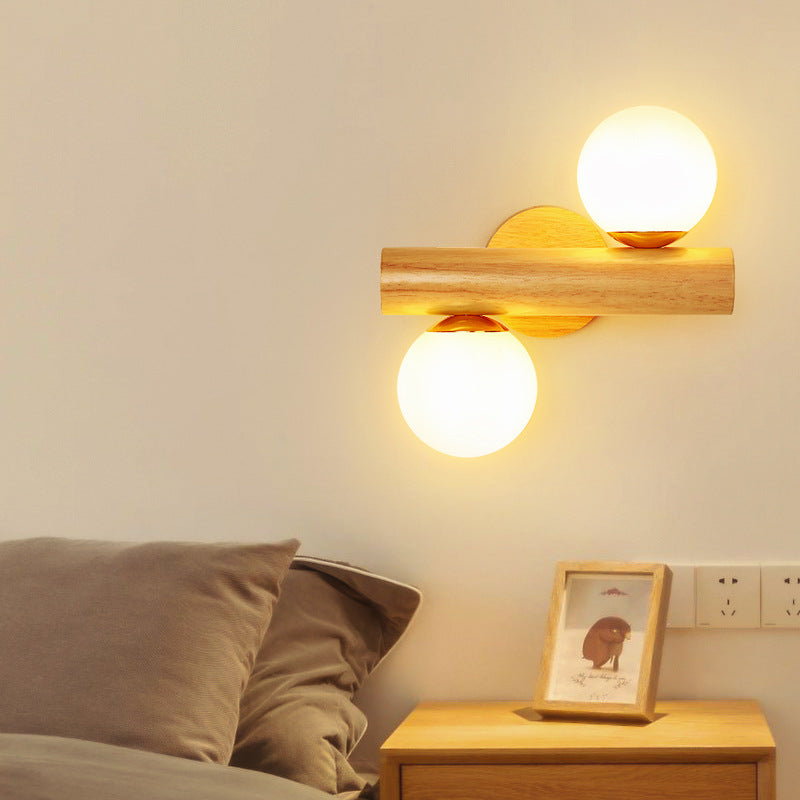 Applique murale à 2 lumières avec verre, matériel en bois, orbe cylindrique minimaliste moderne pour chambre 