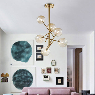 Moderner Mid-Century Magic Bean Glaskugel Eisenrahmen 6-Licht Kronleuchter für Wohnzimmer 