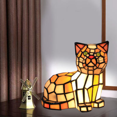 Lámpara de mesa de 1 luz con diseño de gato de vidrio Tiffany tradicional para dormitorio 