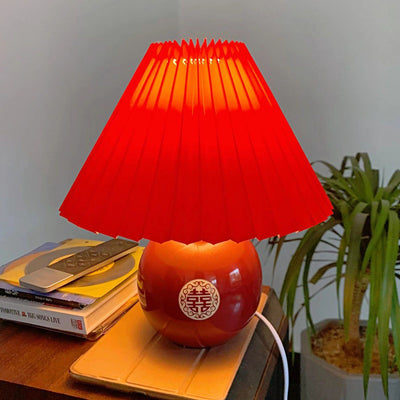 Traditional Chinese Red Pleated Fabric Lampshade Ceramic Base 1-Light Table Lamp For Bedroom