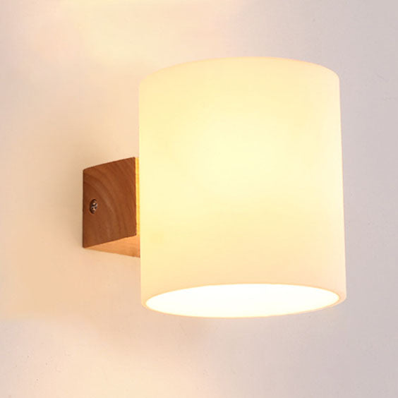 Modern Warm Cylindrical Rubber Wood Glass 1/2 Light Wall Sconce Lamp