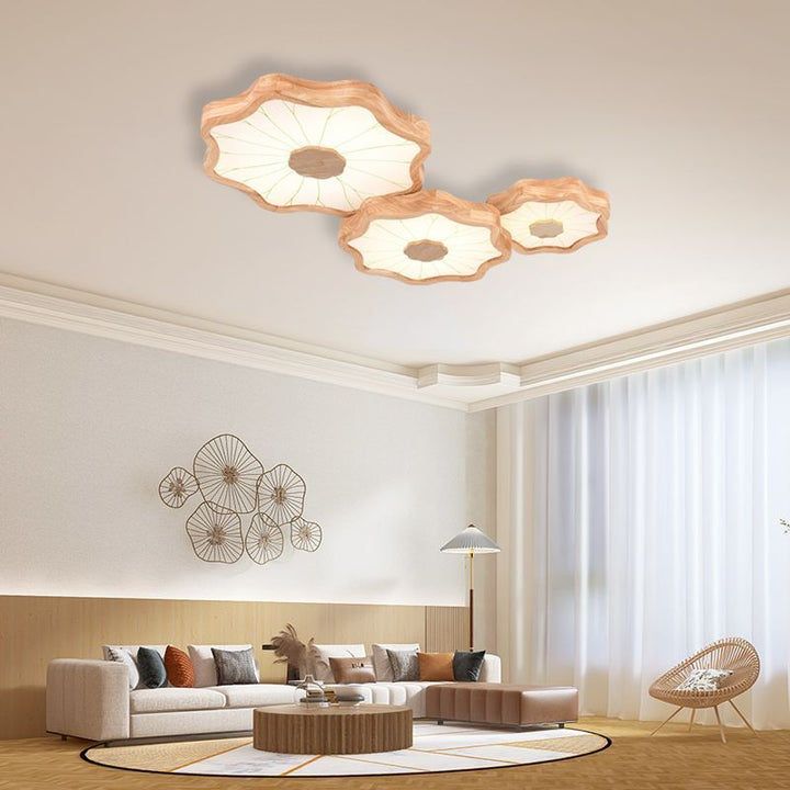 Traditionelle chinesische Lotusblatt-Deckenleuchte aus Holz, Eisen, Acryl, LED-Unterputz-Deckenleuchte für Wohnzimmer 