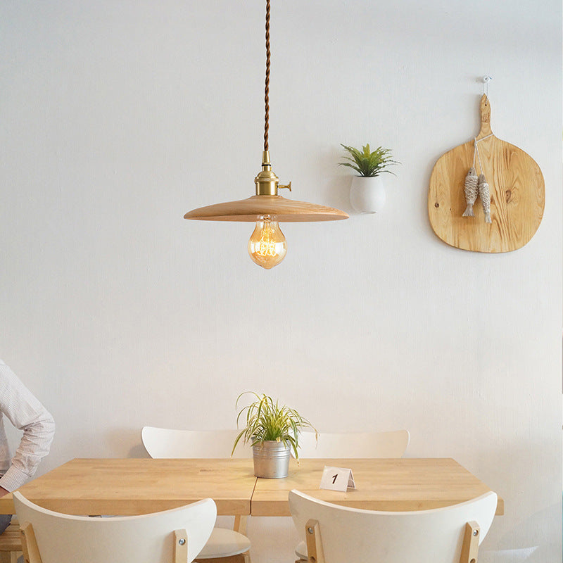Contemporary Retro Ash Wood Copper Round Dish Irregular Grain 1-Light Pendant Light For Dining Room
