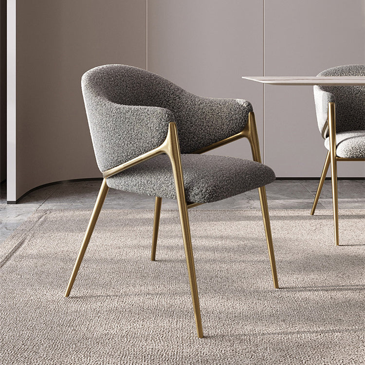 Silla de comedor contemporánea de lujo redonda de lana de cordero con patas de acero inoxidable, respaldo y reposabrazos para comedor 