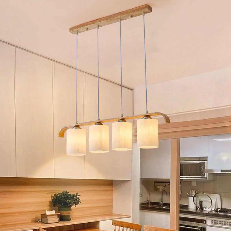 Zeitgenössischer skandinavischer langer Zylinder aus Glas und Holz mit 4 Lichtern, Inselleuchter für Wohnzimmer 