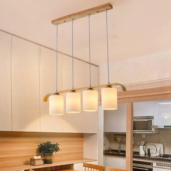 Zeitgenössischer skandinavischer langer Zylinder aus Glas und Holz mit 4 Lichtern, Inselleuchter für Wohnzimmer 
